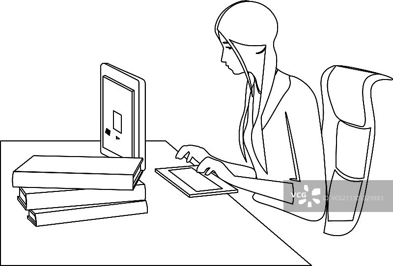 极简线条艺术：坐电脑前的女人图片素材