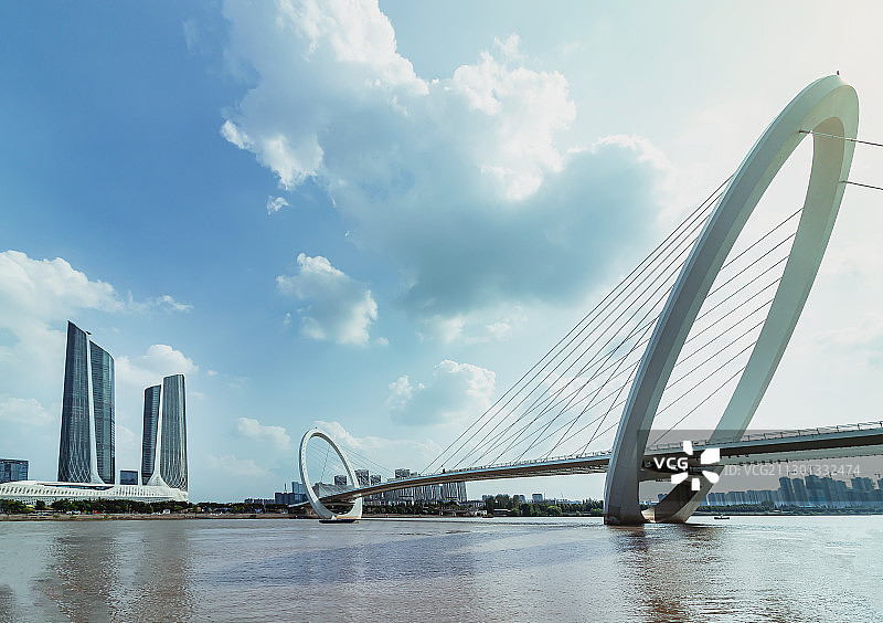 长江上的南京眼与保利大剧院奥林匹克公园现代CBD建筑群图片素材