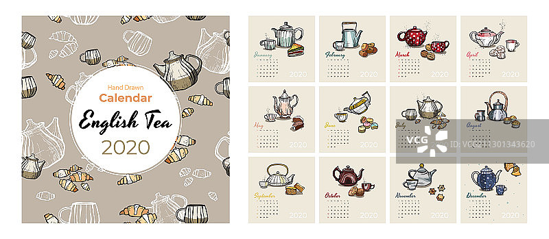 2020年日历美食和茶艺套装图片素材