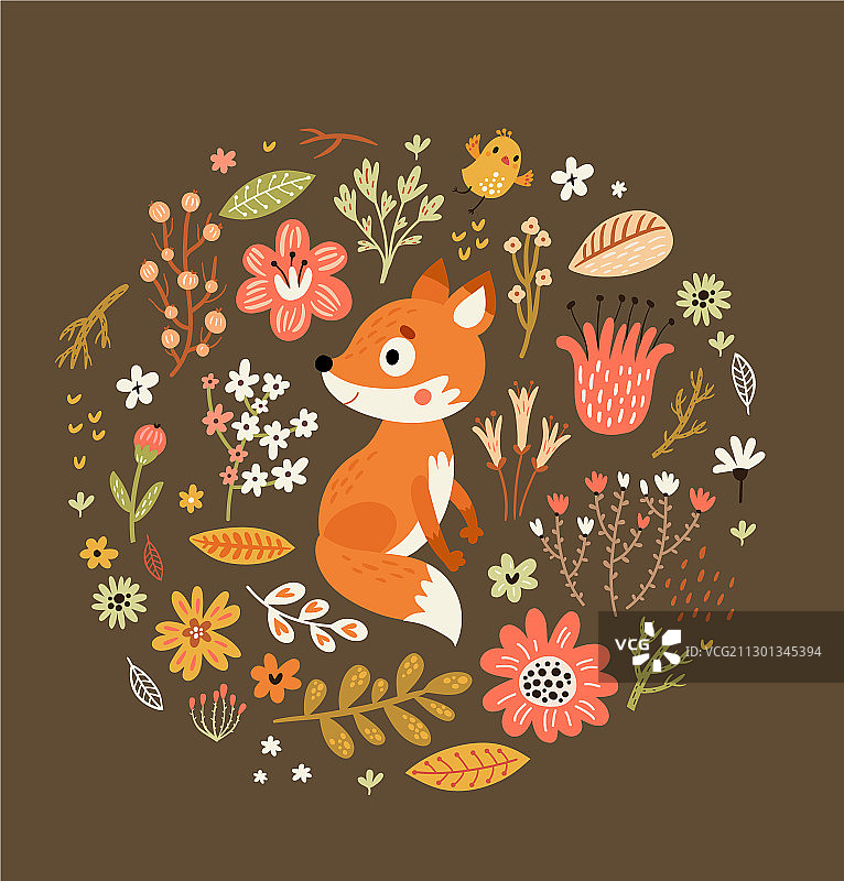 带有可爱狐狸的文本花卉背景框架图片素材