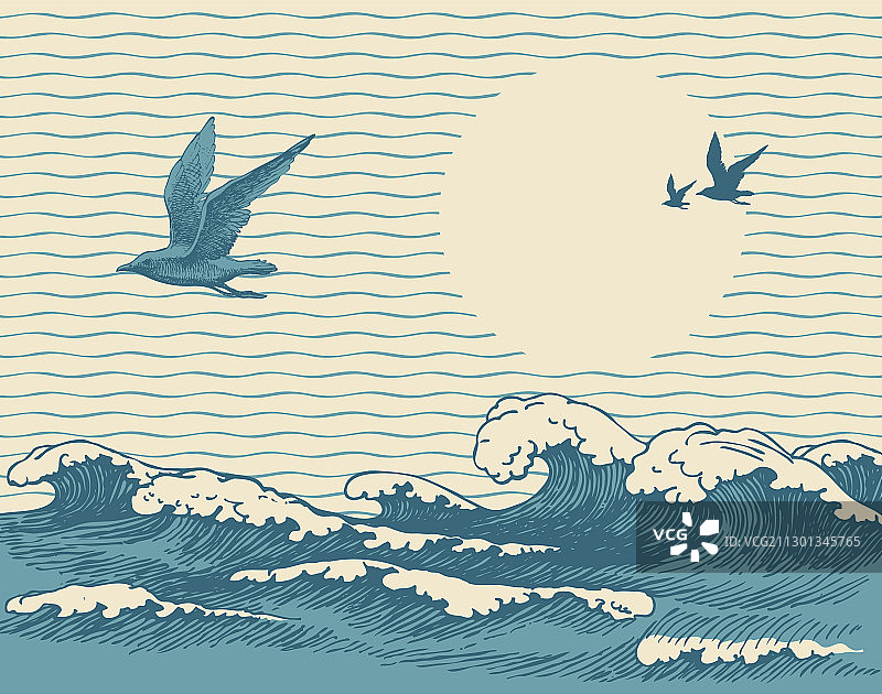复古风格手绘海浪海景图片素材
