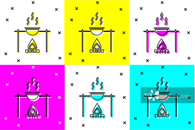 彩色背景上的篝火与罐子图标图片素材