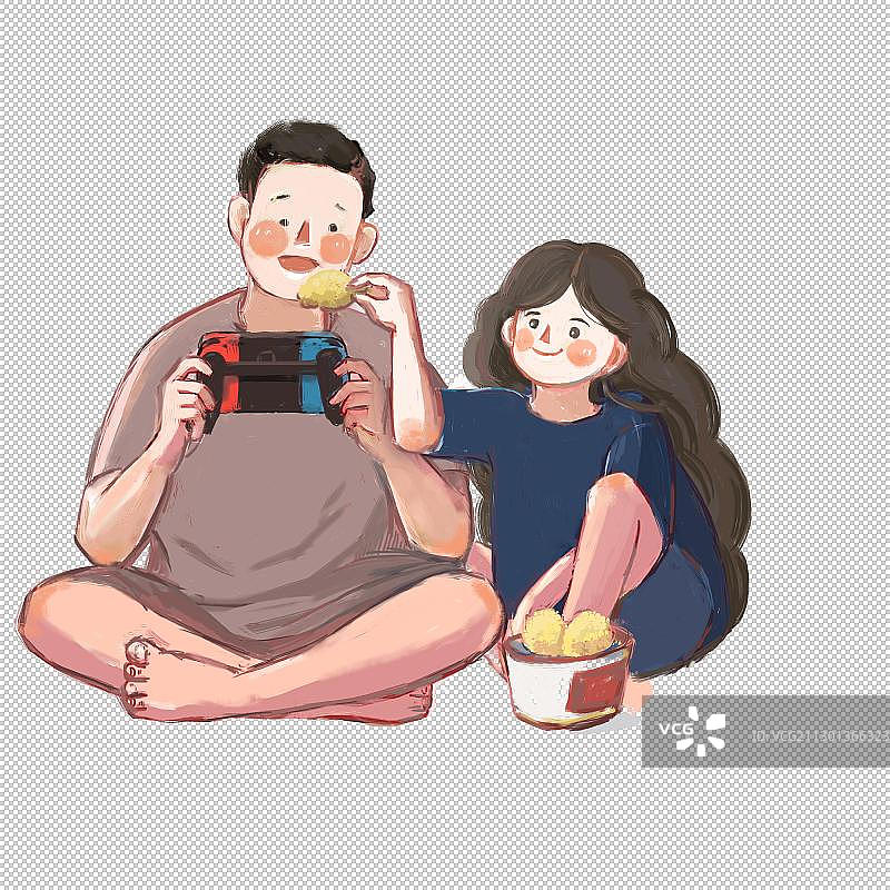 情侣打游戏吃炸鸡图片素材