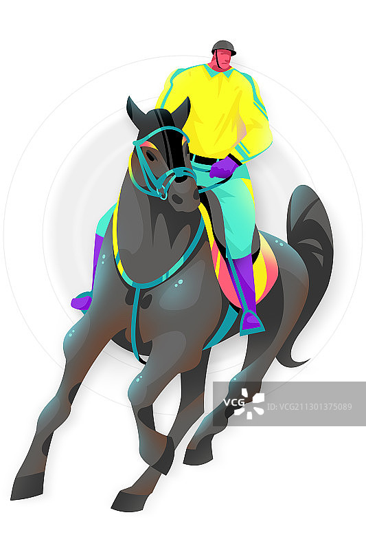 男青年骑马比赛奔跑的插画图片素材