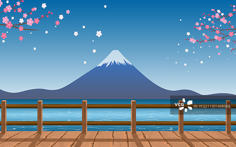 从河边看富士山，日式风情图片素材
