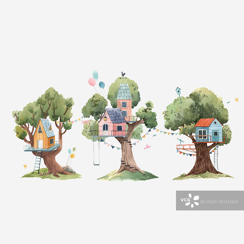 三个可爱水彩图案精美组合图片素材