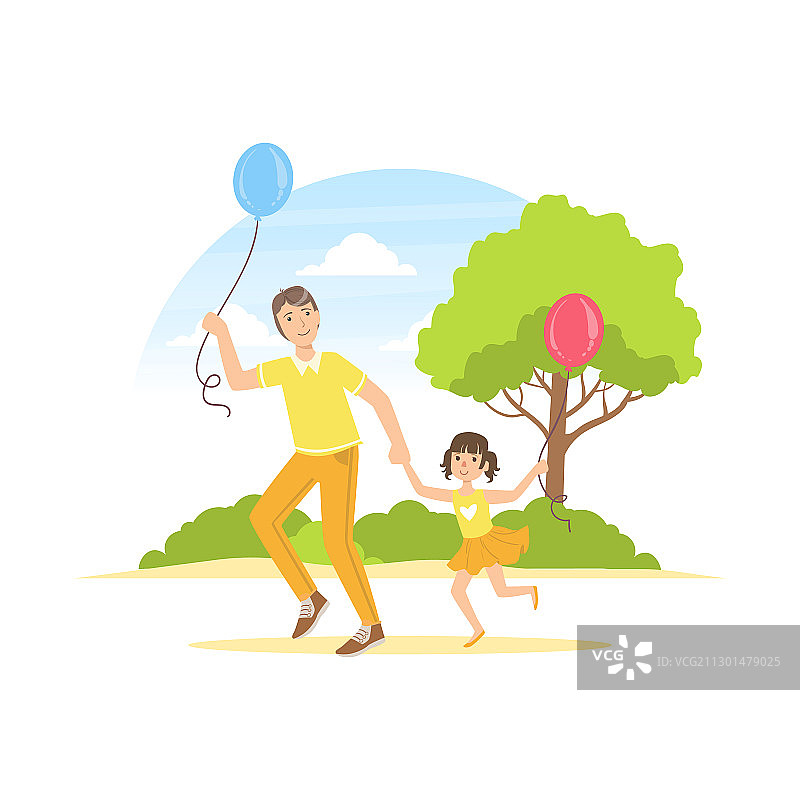 在夏天里快乐的爸爸和女儿一起散步图片素材