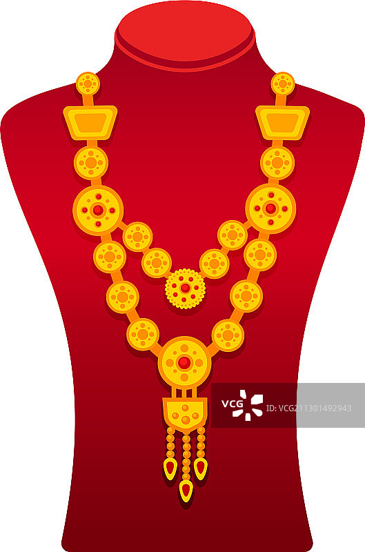 红色展示架上的金色项链图片素材