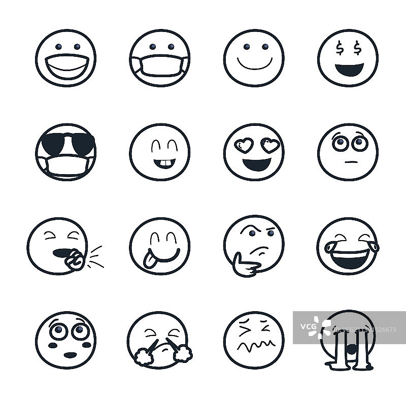 表情符号面孔线条风格图标集设计图片素材
