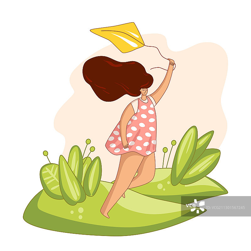 快乐的年轻女人在空地上放风筝图片素材