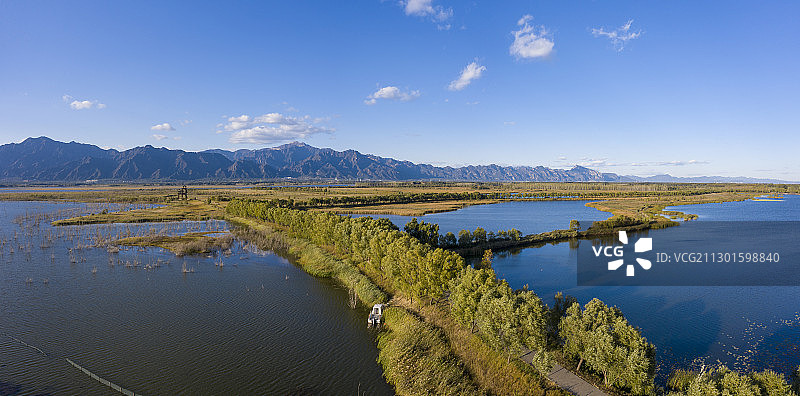 北京延庆野鸭湖湿地公园航拍全景图片素材