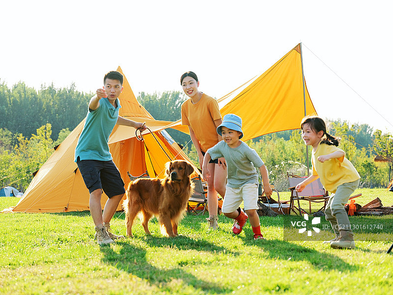 快乐的四口之家和宠物狗在公园玩耍图片素材