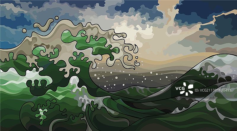 卡通海景与美丽的泡沫绿浪图片素材