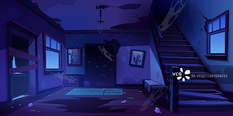 夜晚废弃老屋的走廊图片素材
