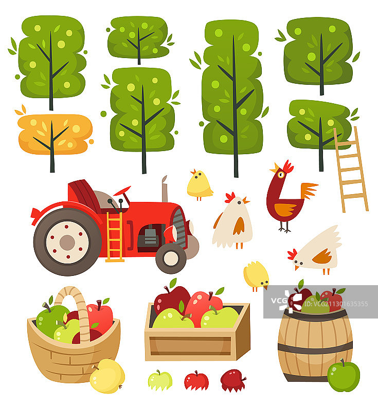 苹果园与板条箱和木桶图片素材