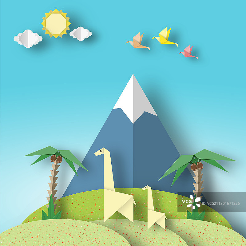 纸质场景：沙漠中剪纸鸟和长颈鹿图片素材