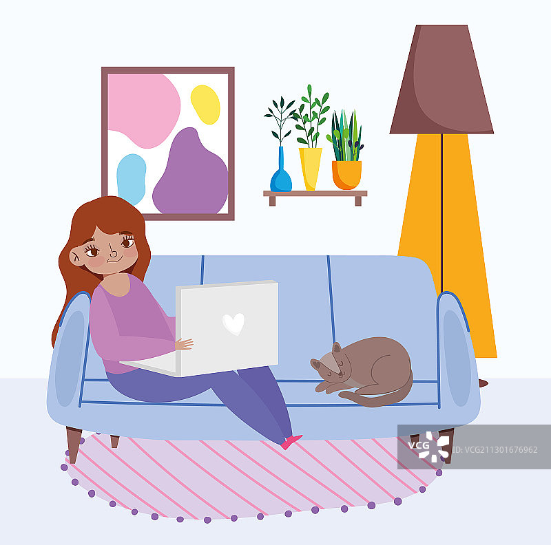 年轻女子在沙发上远程办公图片素材