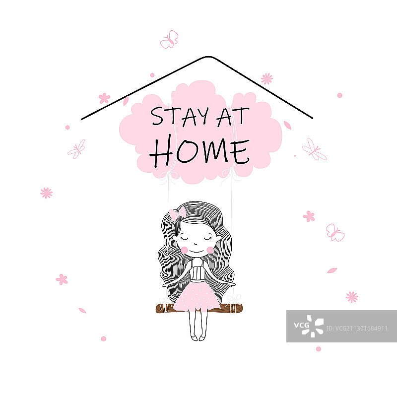 在云上荡秋千的粉色可爱小女孩图片素材