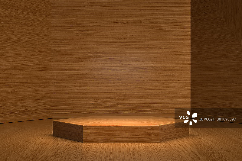六边形展台和木制空间，三维图形图片素材