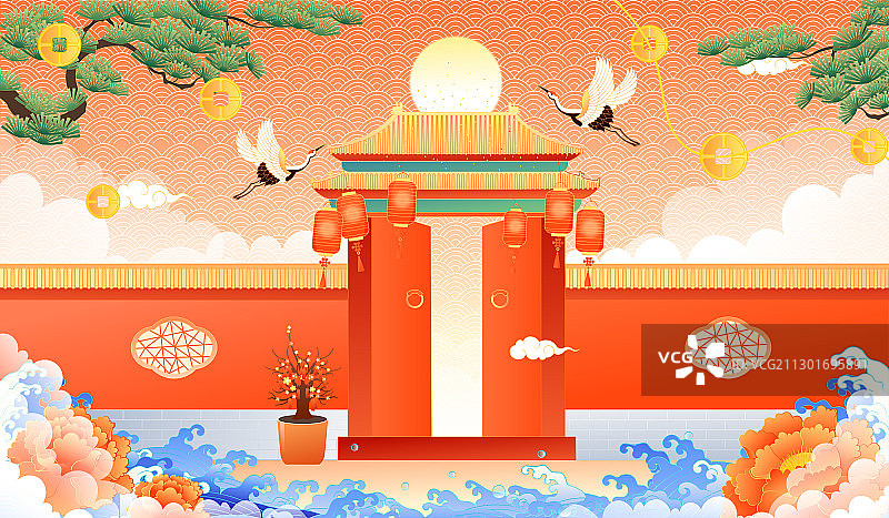 国潮风故宫红墙新年风景矢量插画图片素材