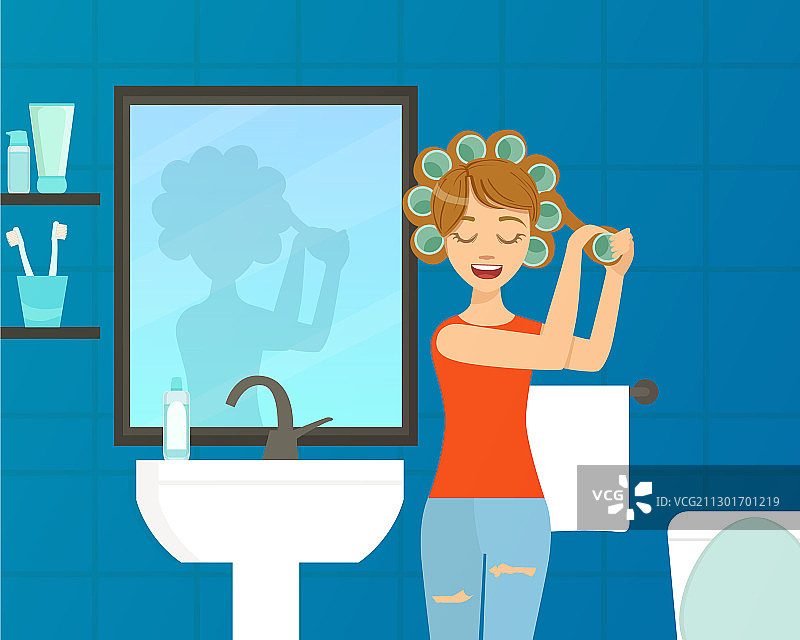 年轻漂亮的女人在卷发图片素材