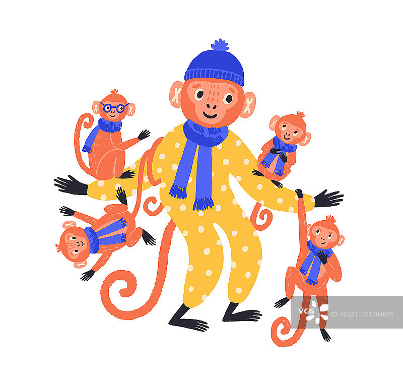 手绘的可爱猴子家庭，穿着有趣的服装图片素材