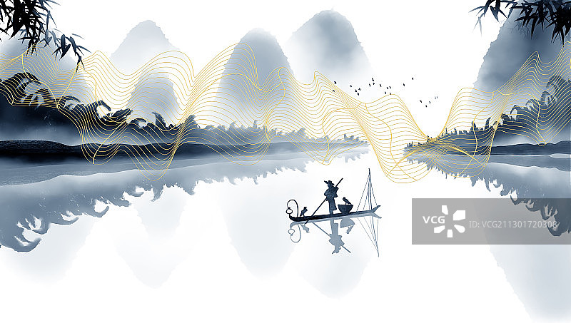 手绘意境桂林山水画图片素材