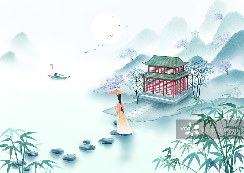 手绘立冬节气国风意境山水风景插画图片素材