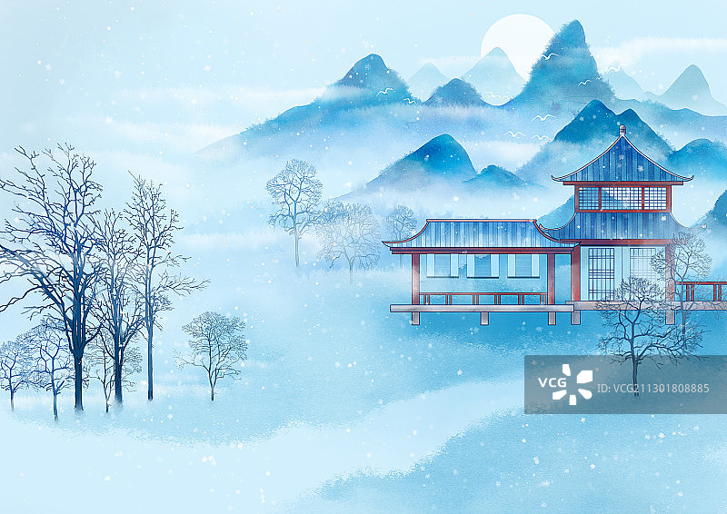 手绘小雪节气国风意境风景插画图片素材