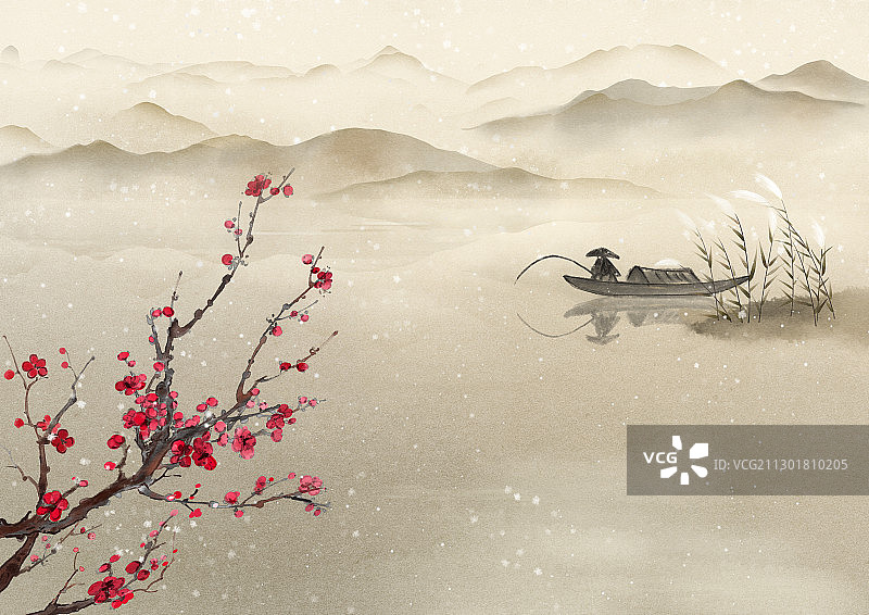 手绘大雪节气国风意境山水风景插画图片素材