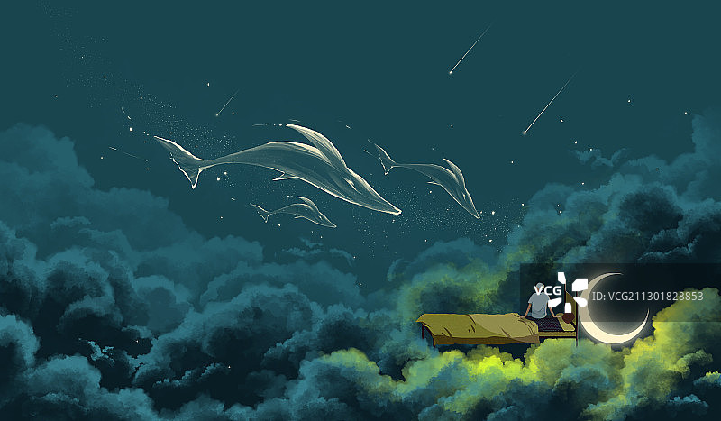 夜晚坐在床上失眠的人唯美插画图片素材