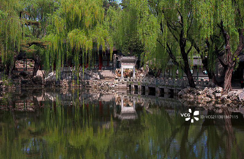 夏日颐和园里谐趣园的知鱼桥图片素材