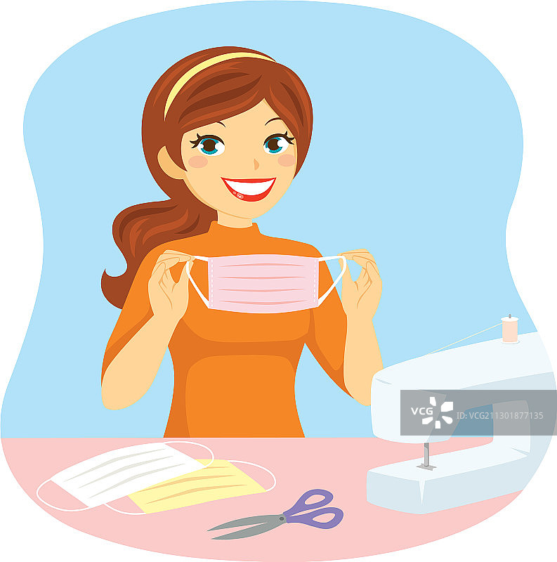 女孩缝制DIY口罩图片素材