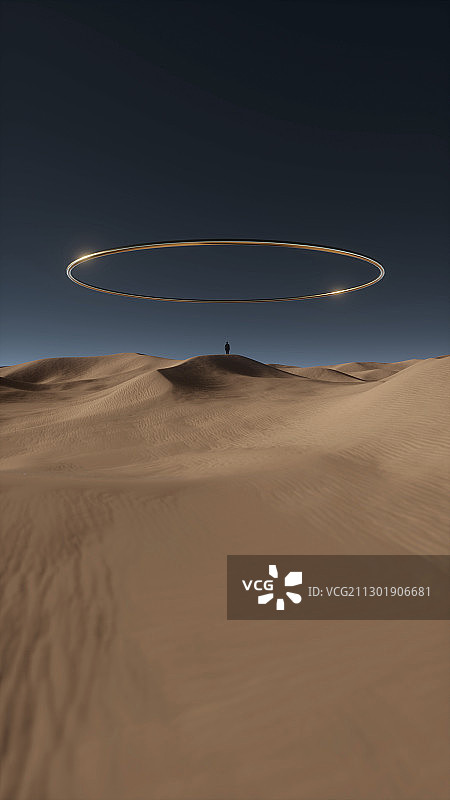 3D渲染沙漠上空的金属圆环概念艺术场景图片素材