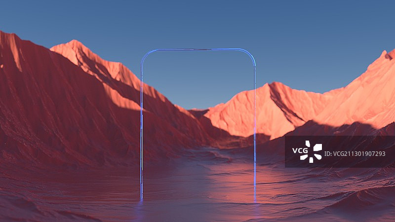 3D渲染山谷中霓虹灯管概念艺术场景图片素材