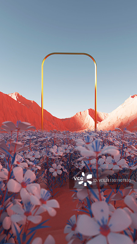 3D渲染山谷中的花丛概念场景图片素材