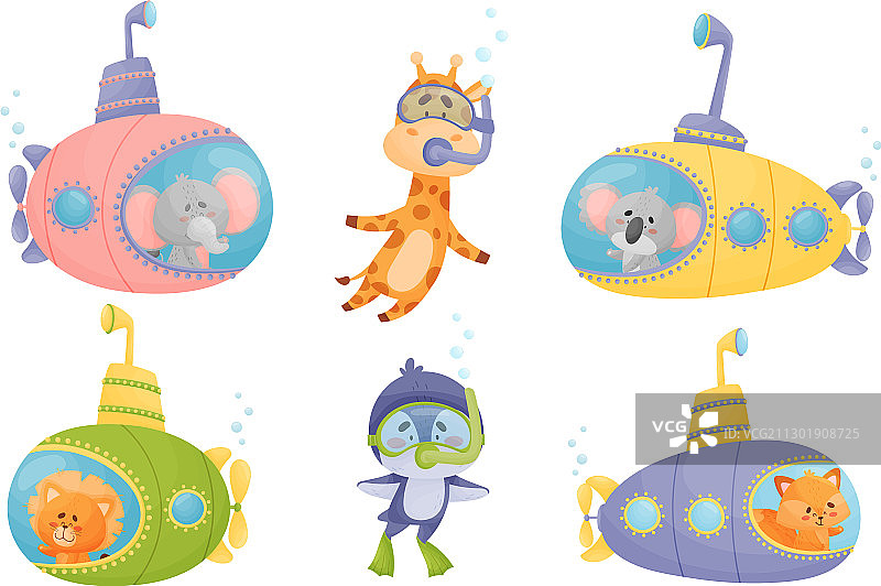 卡通动物乘坐潜水艇在水下游泳图片素材
