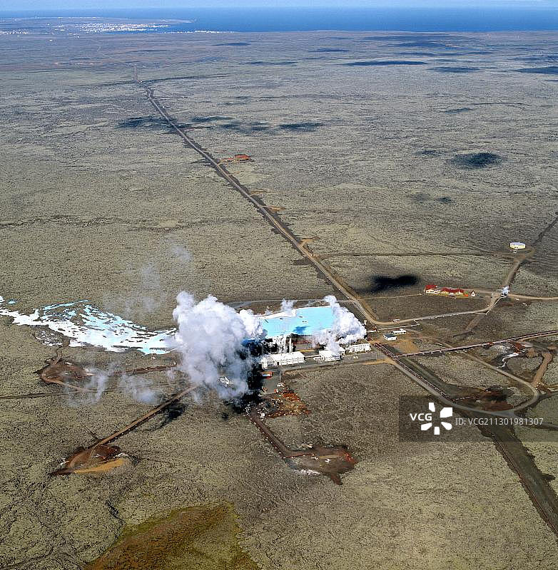 蓝色泻湖，Grindavik附近温泉，Svartsengi地热发电厂，鸟瞰图，靠近冰岛雷克雅未克，欧洲图片素材