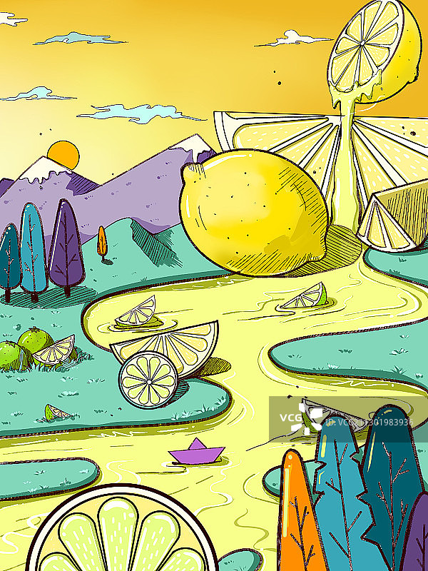 柠檬青桔果汁插画图片素材