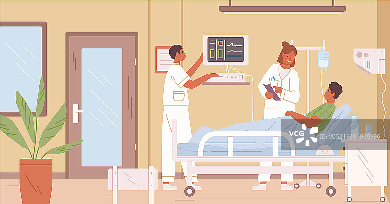 女医生和护士探望男病人图片素材