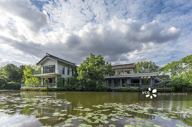 蓝天白云下的上海植物园湖景茶阁图片素材
