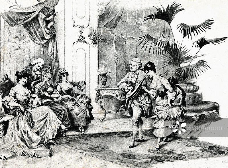 洛可可服饰宫廷舞明信片，约1900年图片素材