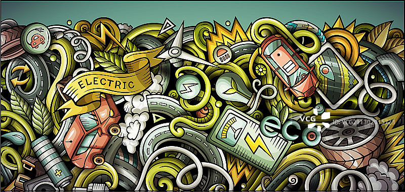 手绘涂鸦电动汽车banner卡通图片素材