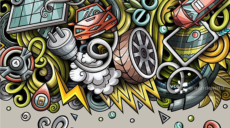 手绘涂鸦电动汽车banner卡通图片素材