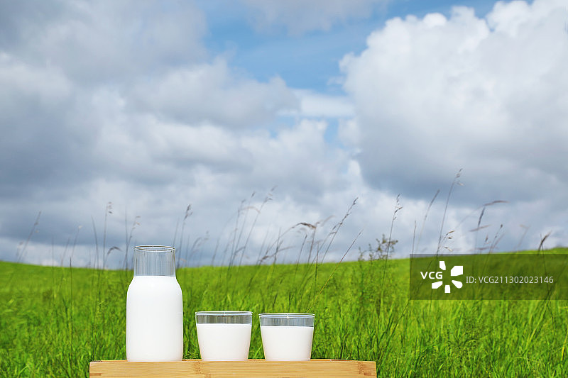 翠绿草原上的牛奶瓶与牛奶杯静物特写图片素材