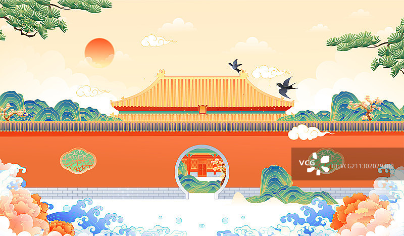 中国风复古红墙庭院古建筑矢量插画图片素材