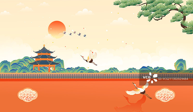 中国风复古红墙庭院古建筑矢量插画图片素材