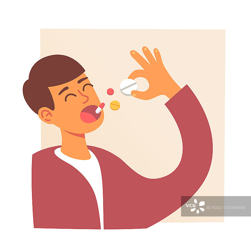 男人口中含着药丸吃药图片素材