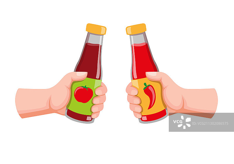 手持番茄酱和辣椒瓶图片素材