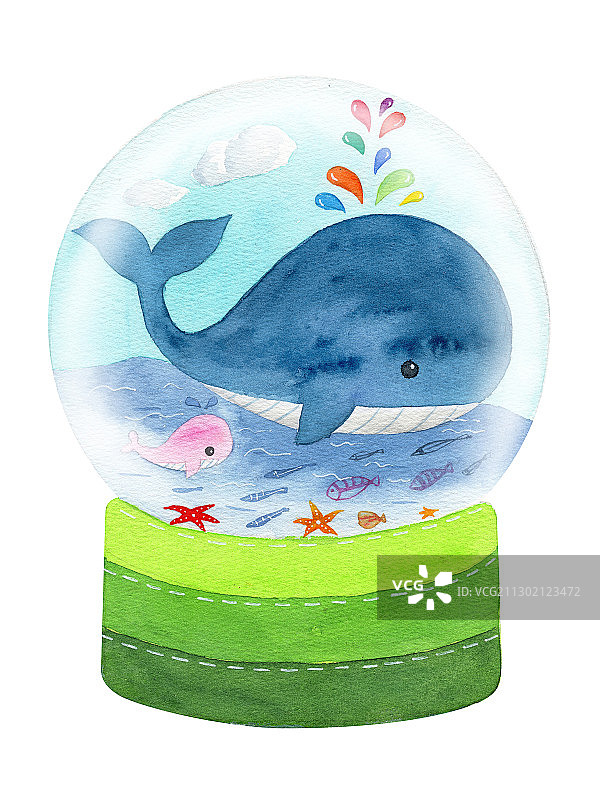 手绘水彩鲸鱼动物元素玻璃球摆件插画图片素材